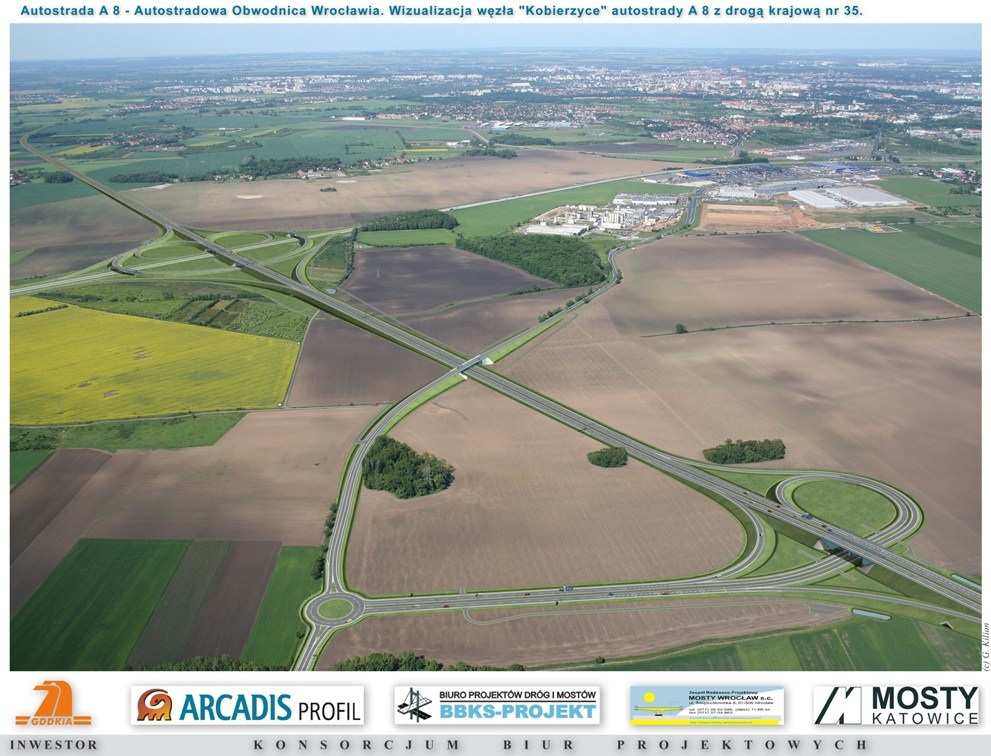 Wizualizacja węzła „Kobierzyce” autostrady A8 z drogą krajową nr 35 … Więcej Głównym celem inwestycji jest odciążenie centralnych arterii, ulic i pozostałych obecnych ciągów komunikacyjnych Wrocławia i skierowanie ruchu tranzytowego poza ich rejon. Wpłynie to korzystnie na poprawienie bezpieczeństwa na drogach krajowych nr 8 – odcinki: Długołęka-Wrocław i Wrocław-Kobierzyce oraz nr 5 – odcinek: Trzebnica-Wrocław oraz usprawni przepływ ruchu tranzytowego